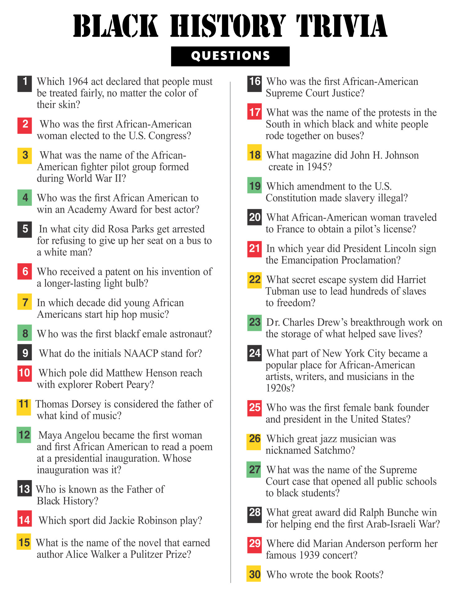 Printable Black History Trivia Questions And Answers Printable