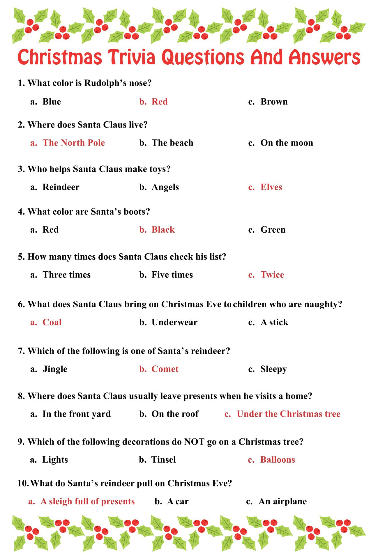 10 Best Printable Christmas Trivia Questions Printablee