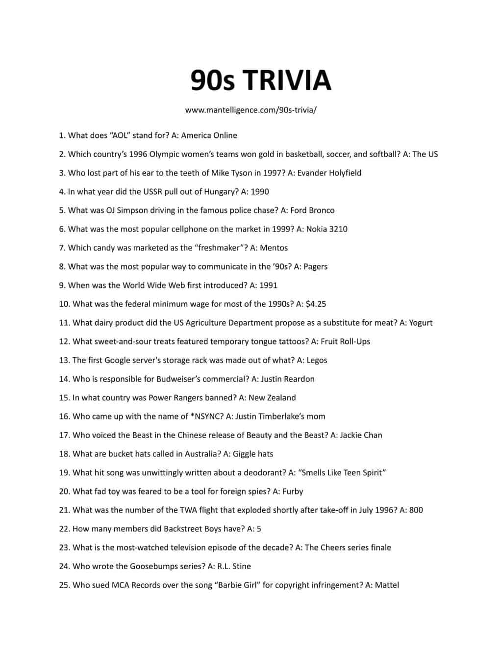 10 Question Trivia Quiz Printable Quiz Usa Trivia English Esl