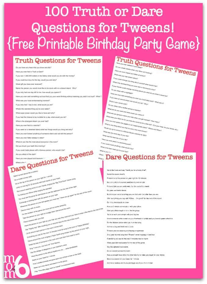 100 Truth Or Dare Questions For Tweens Free Printable Birthday Party 