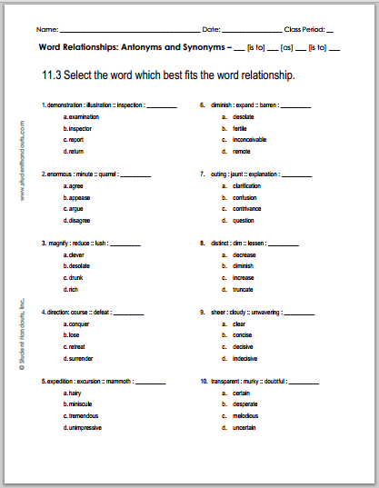 11 3 Word Relationships Quiz Handout Is Free To Print PDF File For 