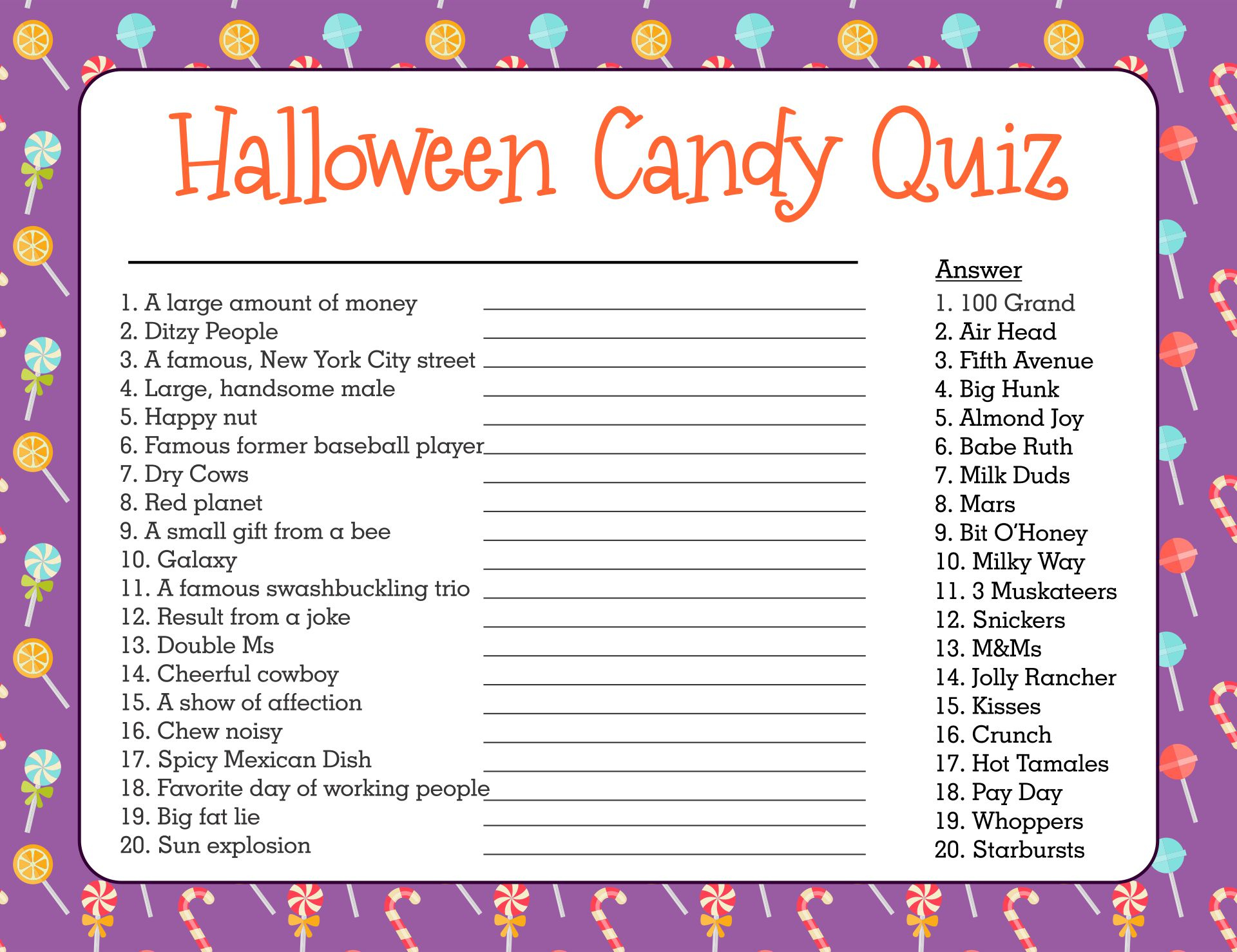15 Best Halloween Candy Trivia Questions Printable Printablee