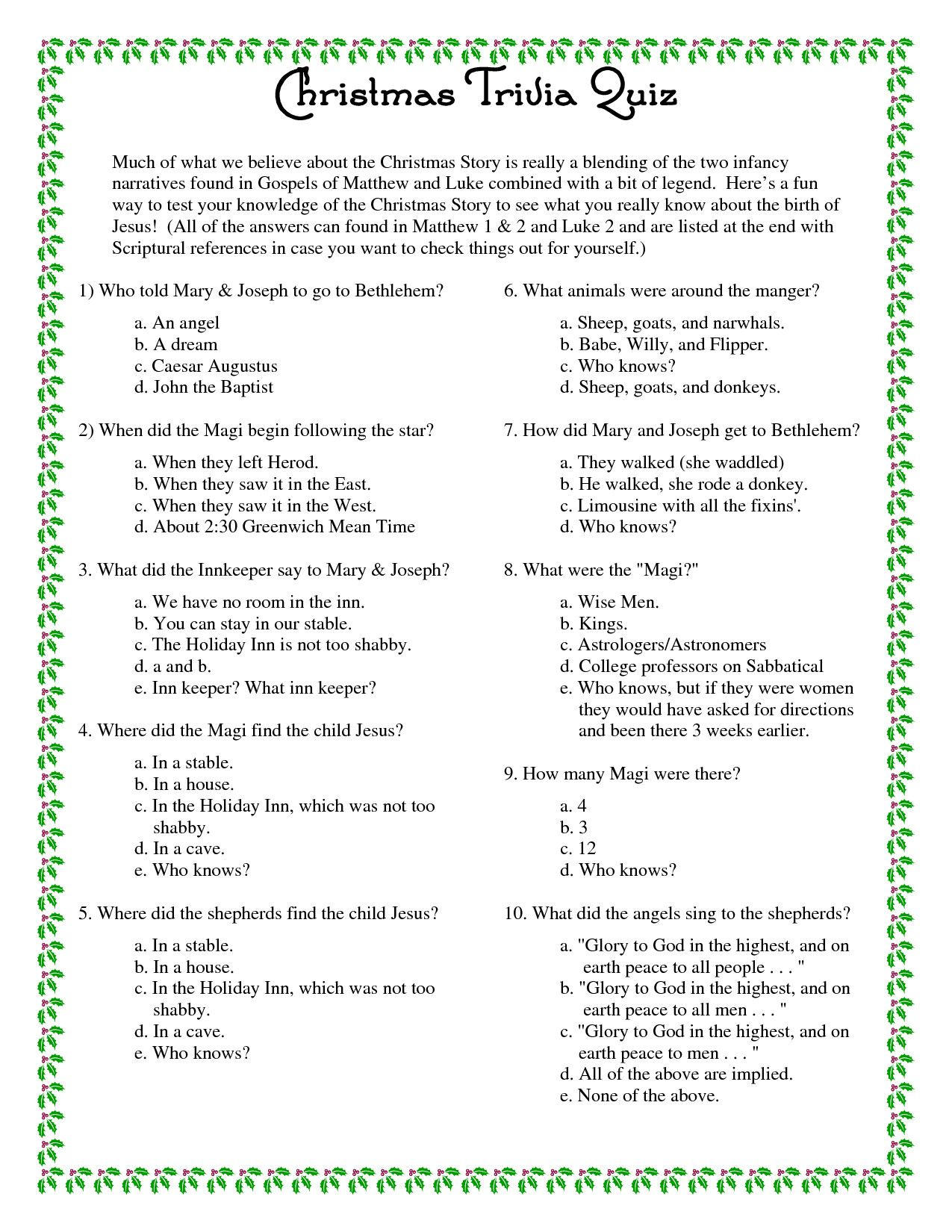 Printable Bible Christmas Trivia Questions And Answers