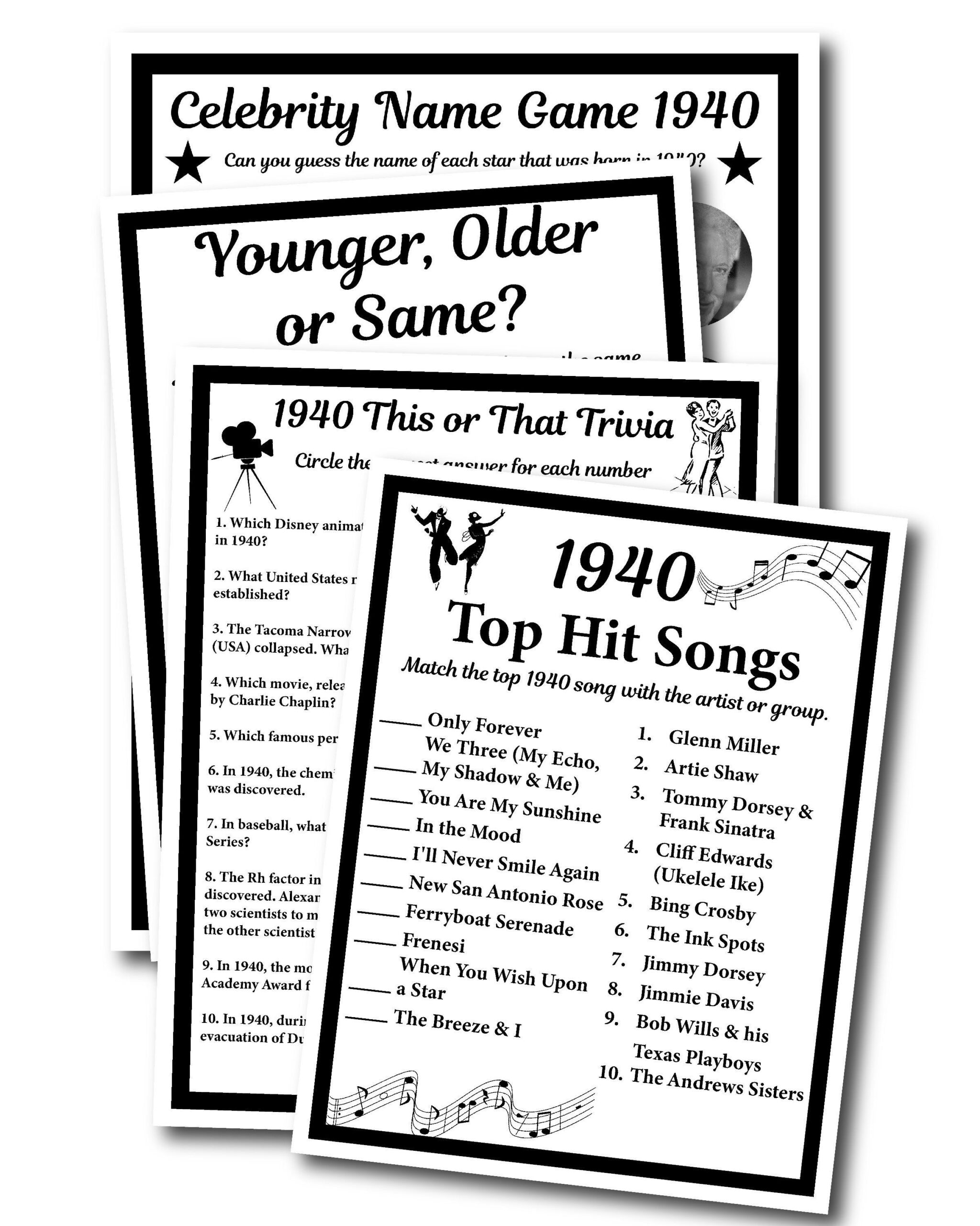 1940 Birthday Trivia Game 1940 Birthday Parties Fun Game Etsy 