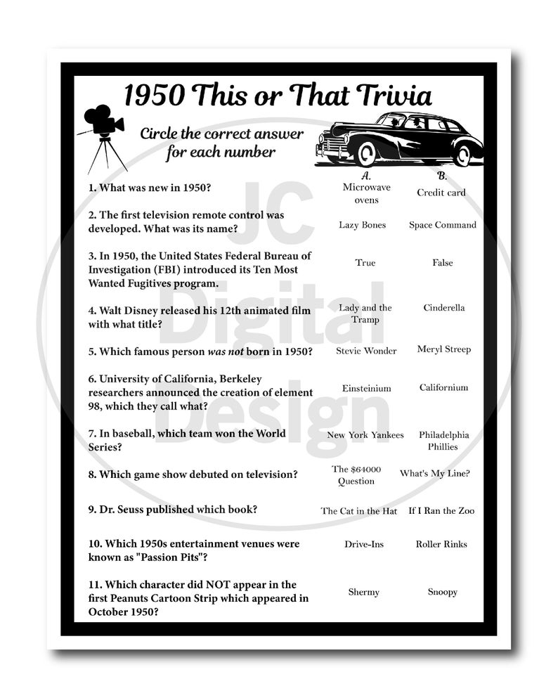 1950 Birthday Trivia Game 1950 Birthday Parties Instant Download 