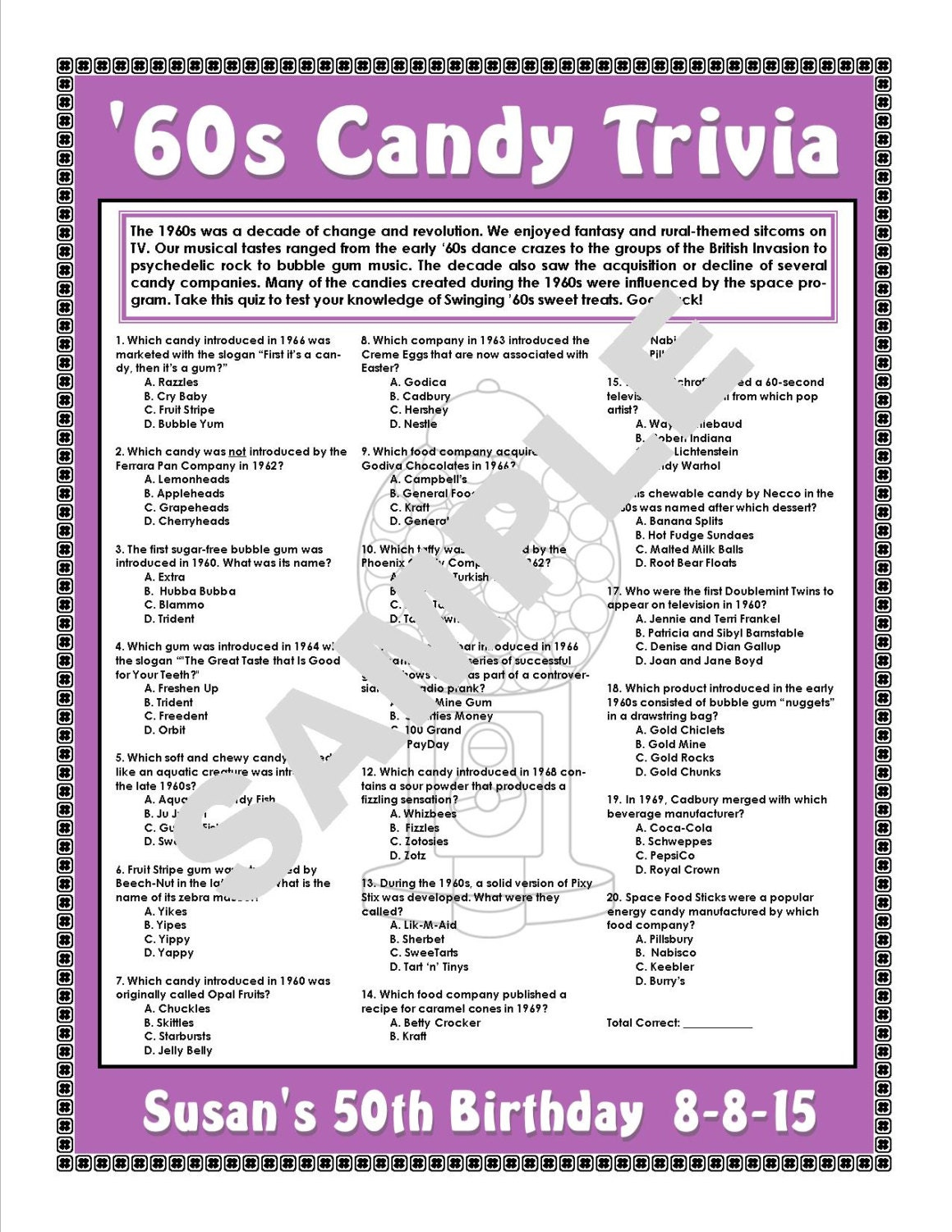 1960s Candy Trivia Printable GamePersonalize For Birthdays