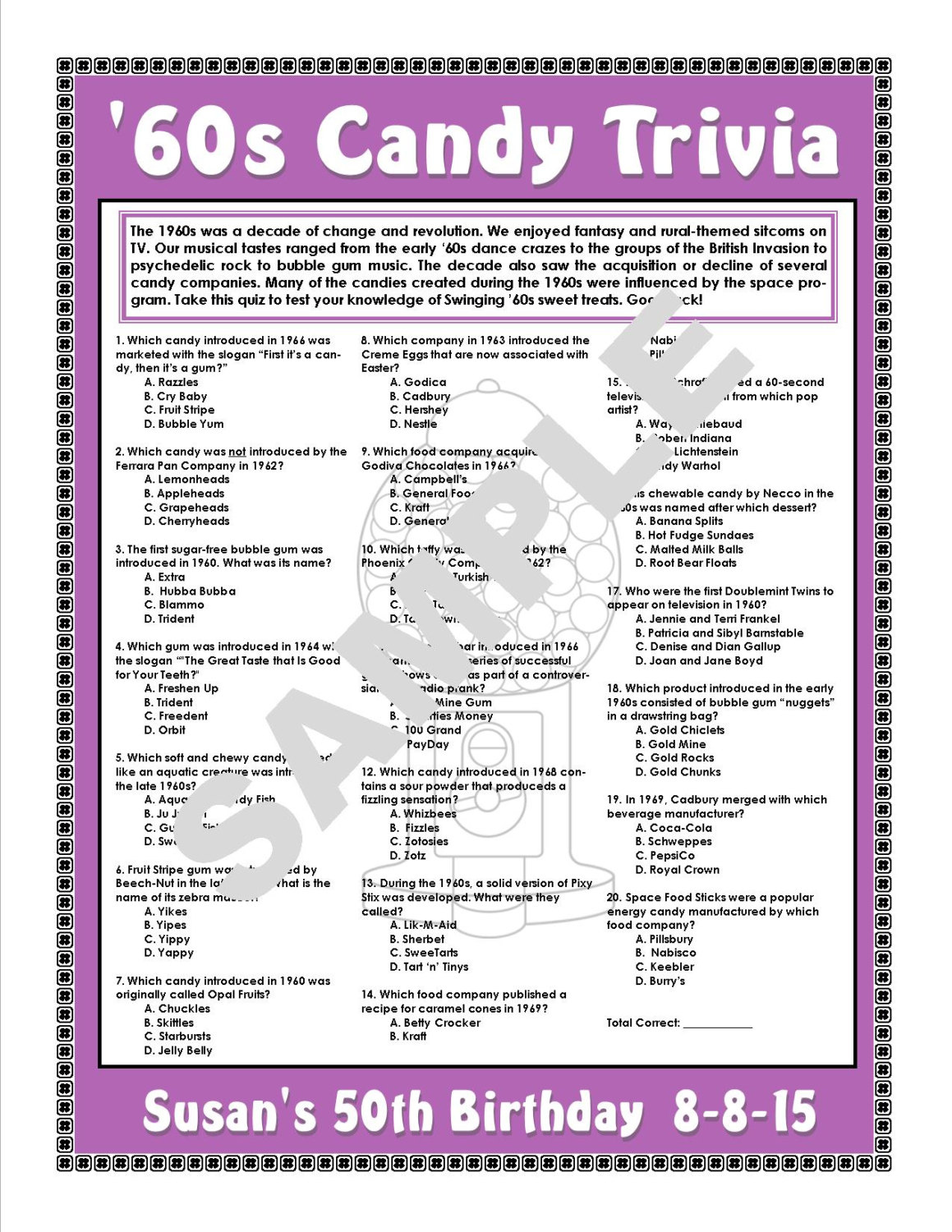 1960s Candy Trivia Printable GamePersonalize For Birthdays