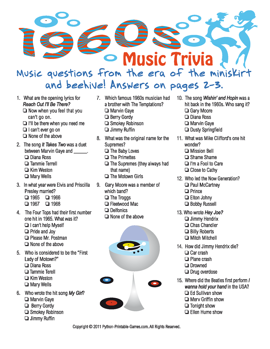 1960s Music Trivia Game 60th Birthday Game 60th Birthday Party Games 