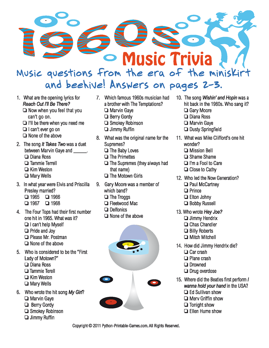 1960s Music Trivia Game 60th Birthday Game 60th Birthday Party