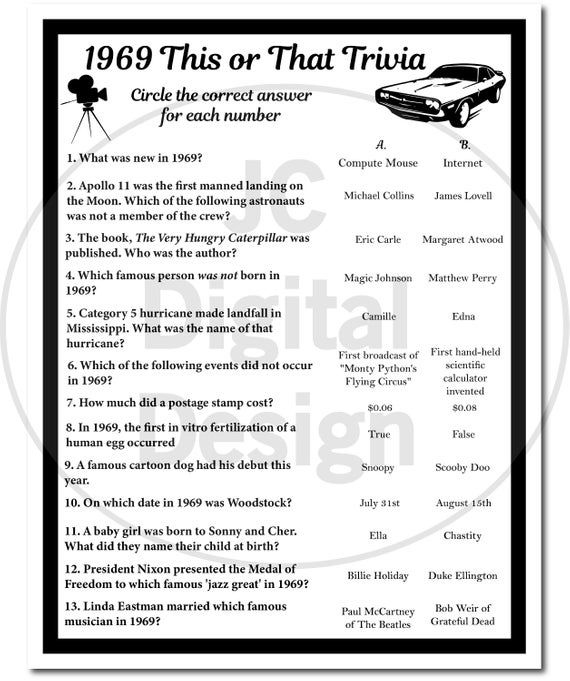 1969 Birthday Trivia Game 1969 Birthday Parties Instant Etsy Trivia 