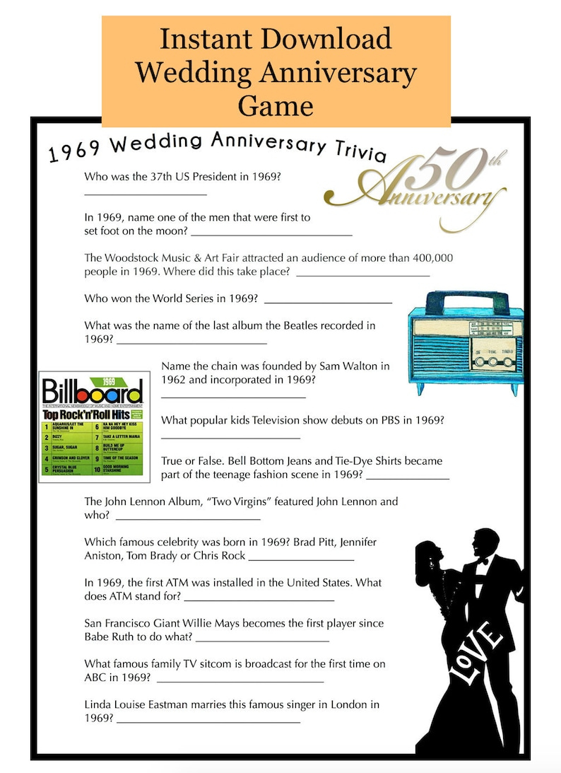 1969 Wedding Anniversary Party Game Questions From 1969 Etsy