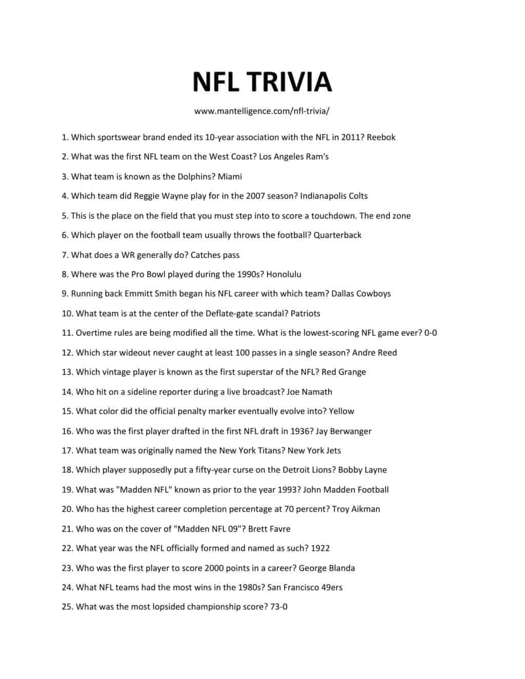 Printable Nfl Trivia Questions Printable Questions And Answers