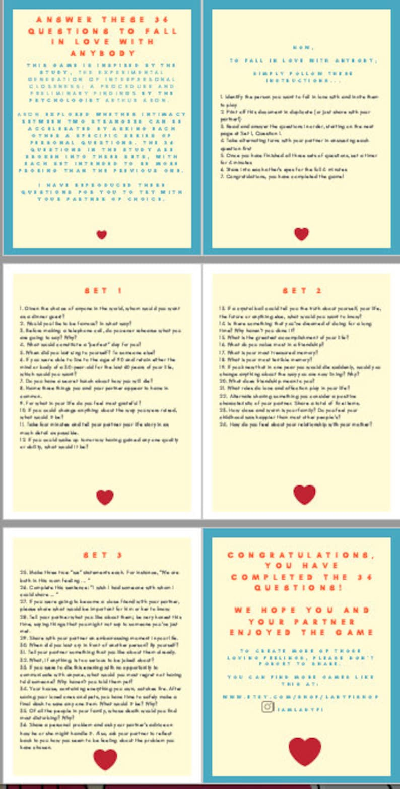 36 Questions To Fall In Love With Anybody Quiz Printable Etsy