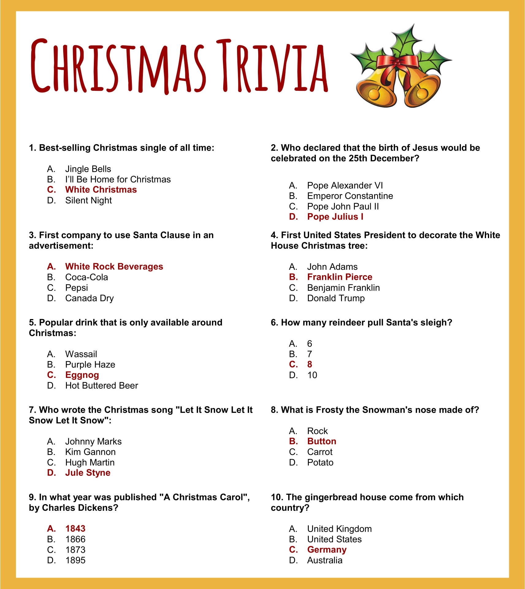4 Best Printable Christmas Trivia Questions And Answers Printablee