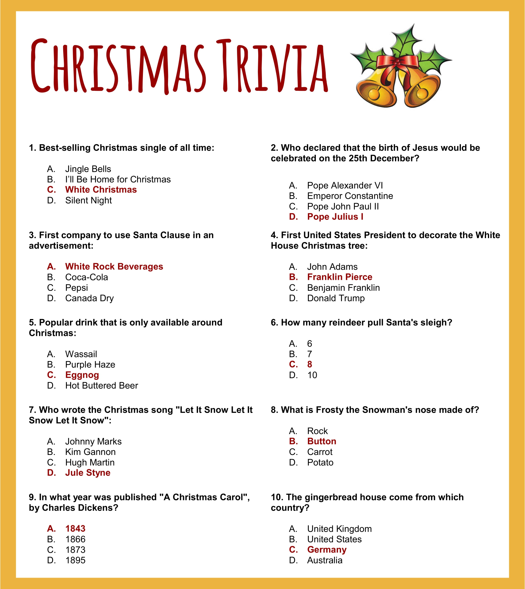 Printable List Of Christmas Trivia Questions And Answers