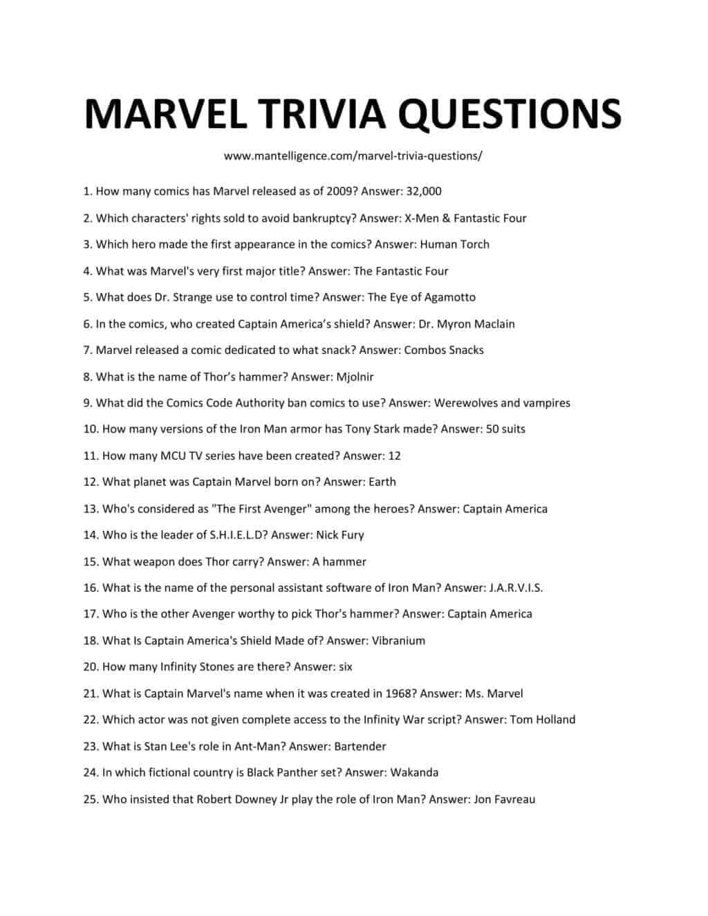 Marvel Trivia Questions And Answers Printable