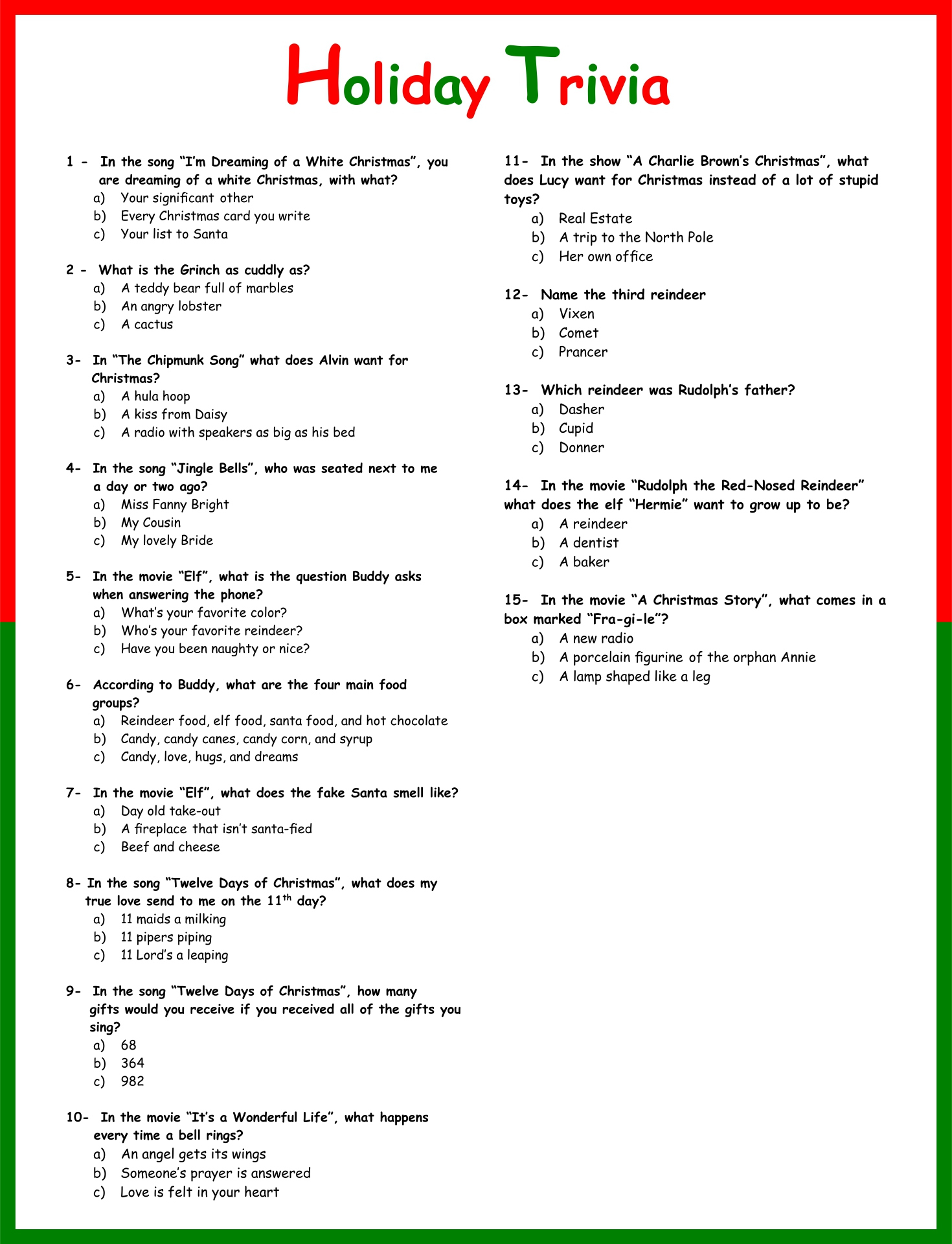 Free Printable Quiz Questions