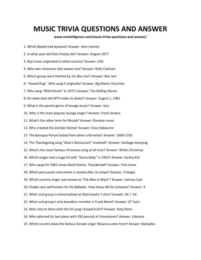 Easy Music Trivia With Answers Printable Questions And Answers