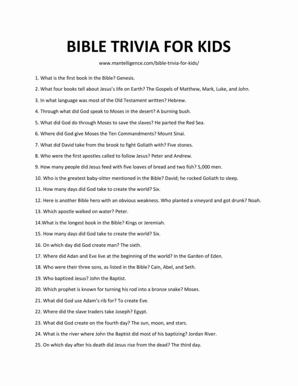 Fun Printable Bible Trivia Questions