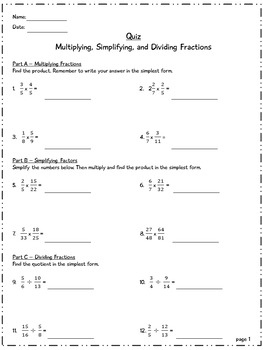 6th Grade Math Quiz Multiplying Simplifying And Dividing Fractions
