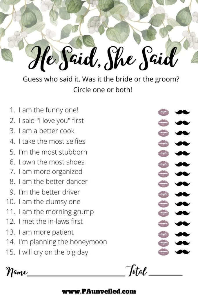 77 He Said She Said Bridal Shower Game Sample Questions PA Unveiled