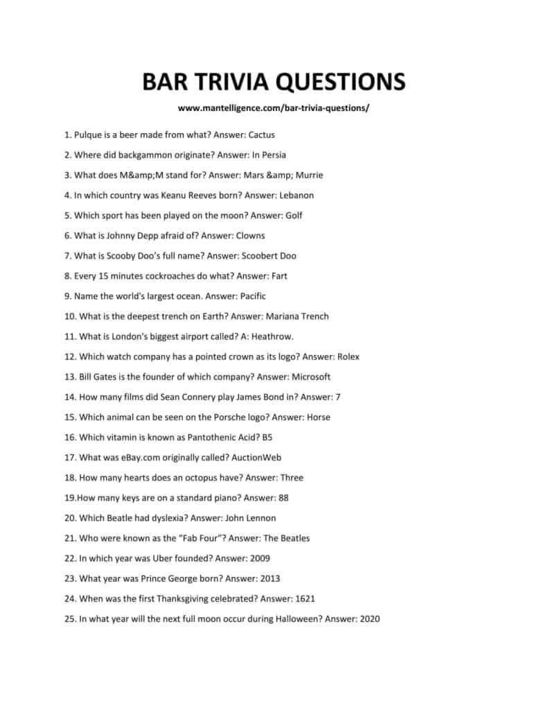 92 Best Bar Trivia Questions And Answers Learn New Facts 