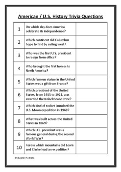 American U S History Trivia Questions Quiz 20 Questions With Answers