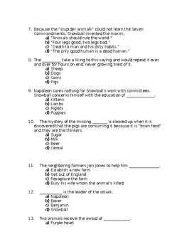 Animal Farm Quiz Chapters 3 And 4 With KEY By Lonnie Jones Taylor