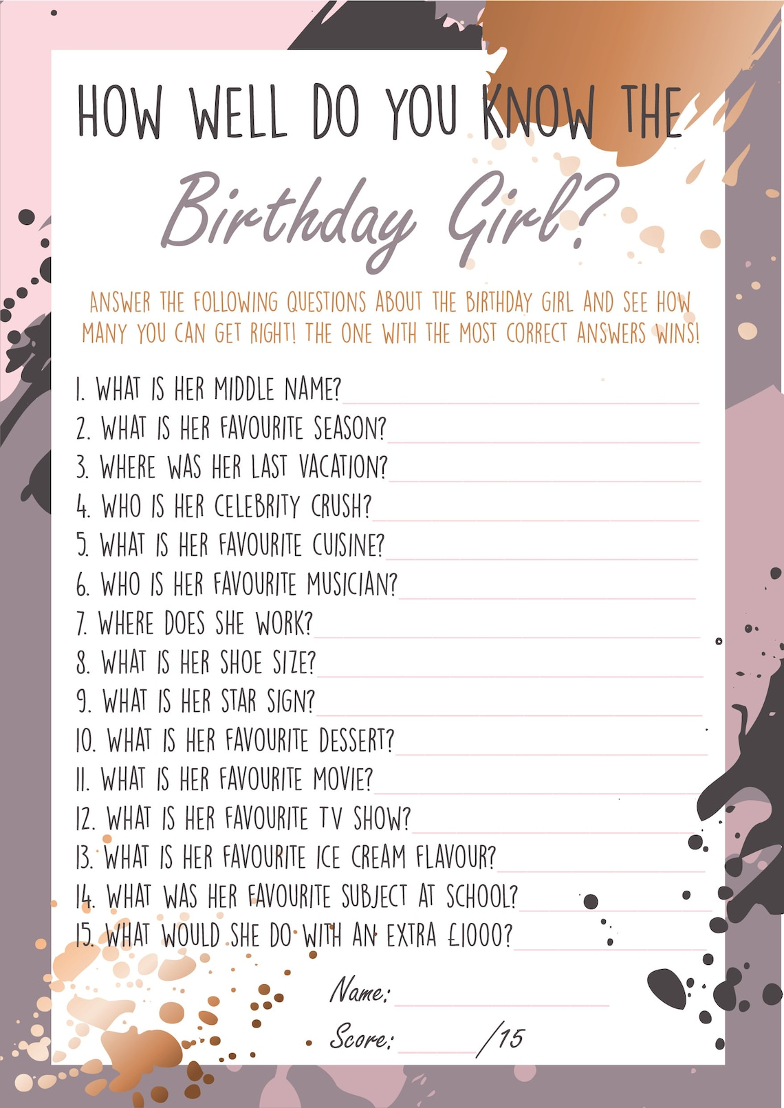Birthday Quiz How Well Do You Know The Birthday Girl Would Etsy
