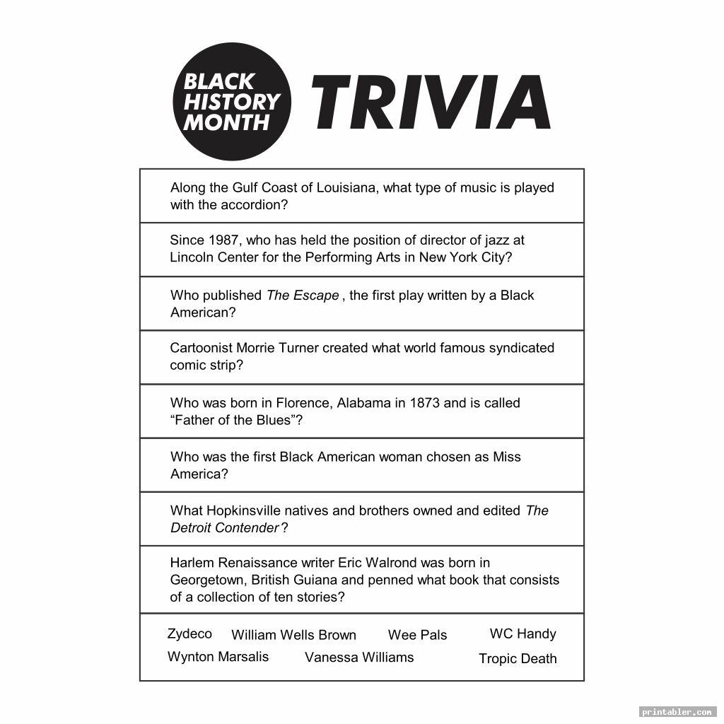 Black History Month Trivia Printable Gridgit