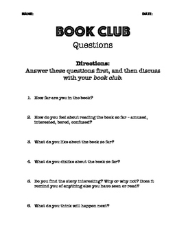 Book Club Questions By Activity Based Learning TpT