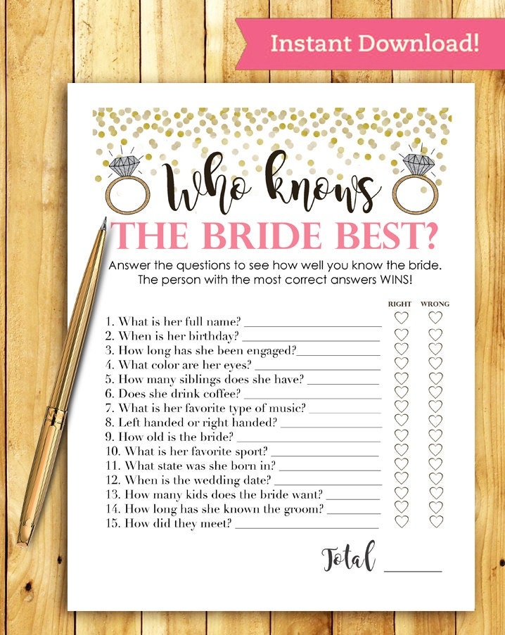 Bridal Shower Game Download Who Knows The Bride Best Coral