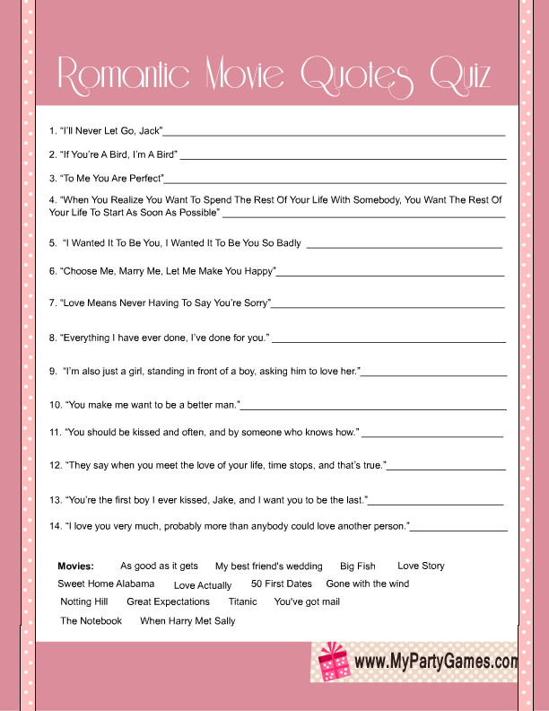 Bridal Shower Romantic Movie Quotes Quiz