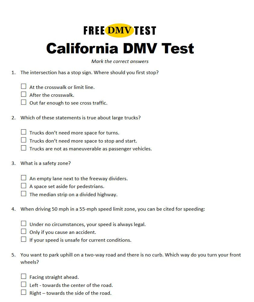California DMV Work Sheet With 36 Questions Answers California