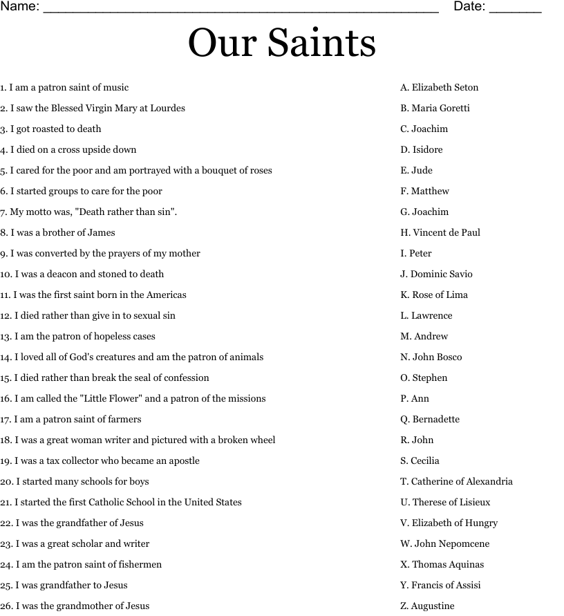 Catholic Saints Trivia Questions And Answers Printable