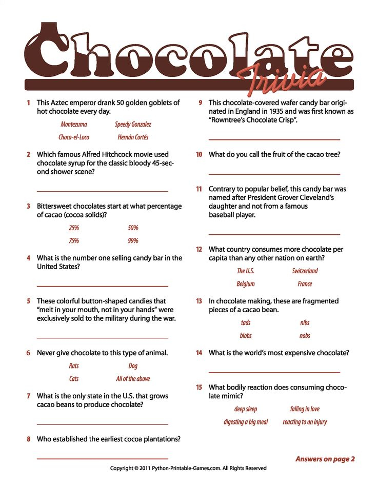 Chocolate Trivia Party Game Trivia Questions And Answers Trivia For 