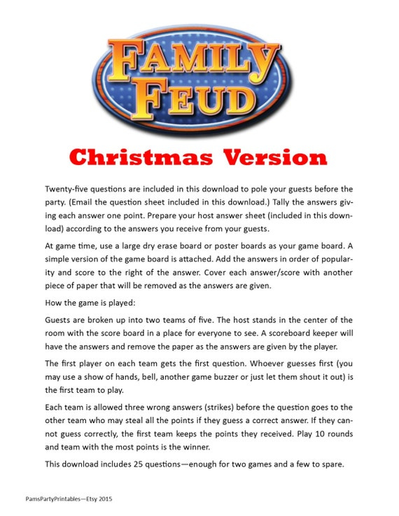 Christmas Family Feud Printable Game Christmas Family Game Party 