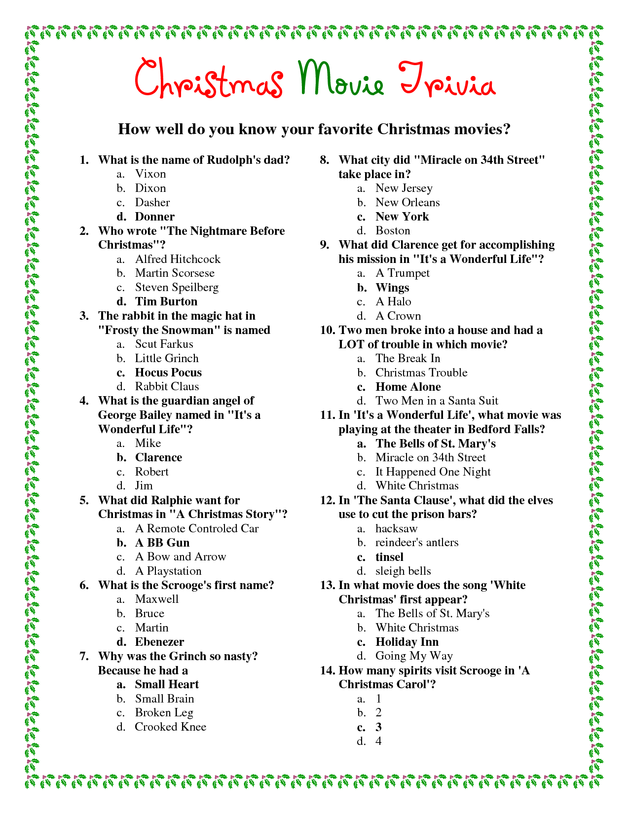Christmas Questions And Answers Printable