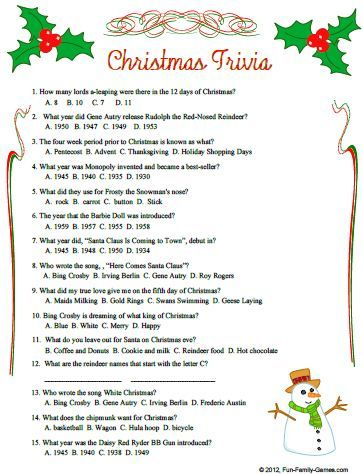 Christmas Trivia Multiple Choice Questions And Answers Printable
