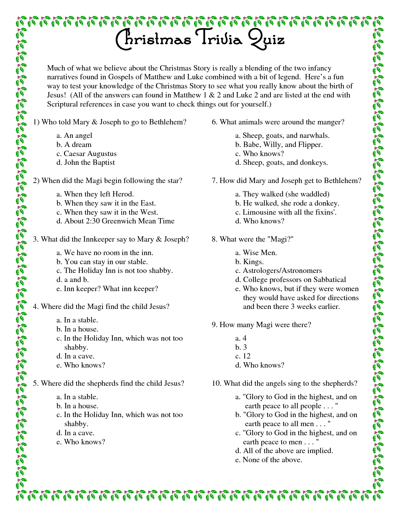Christmas Trivia Questions And Answers Printable Idalias Salon