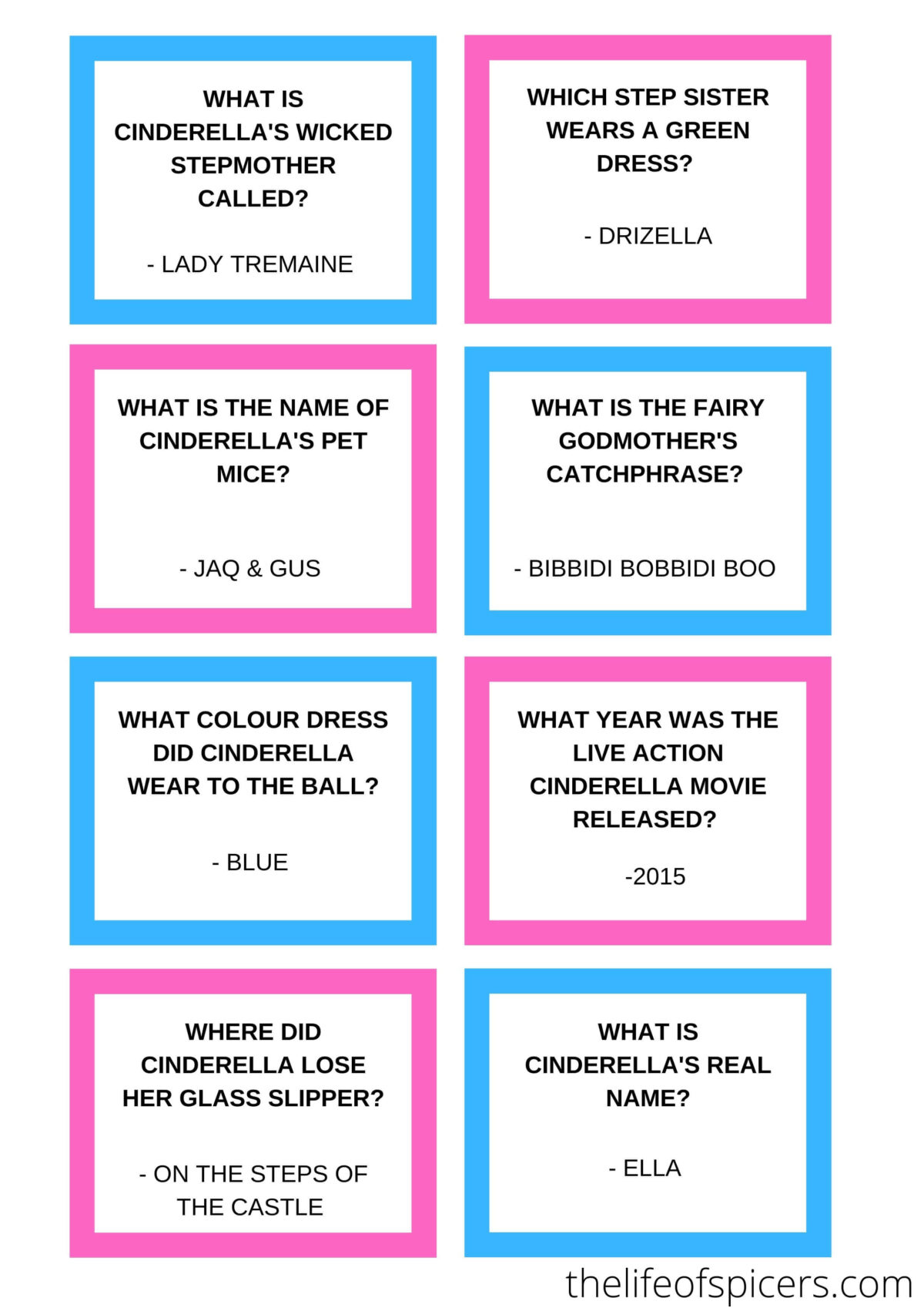 Cinderella Trivia Quiz FREE PRINTABLE The Life Of Spicers