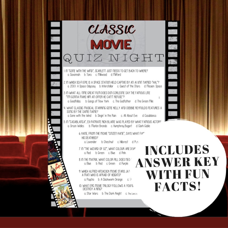 Classic Movie Trivia Quiz W Answers Printable Trivia Game Etsy