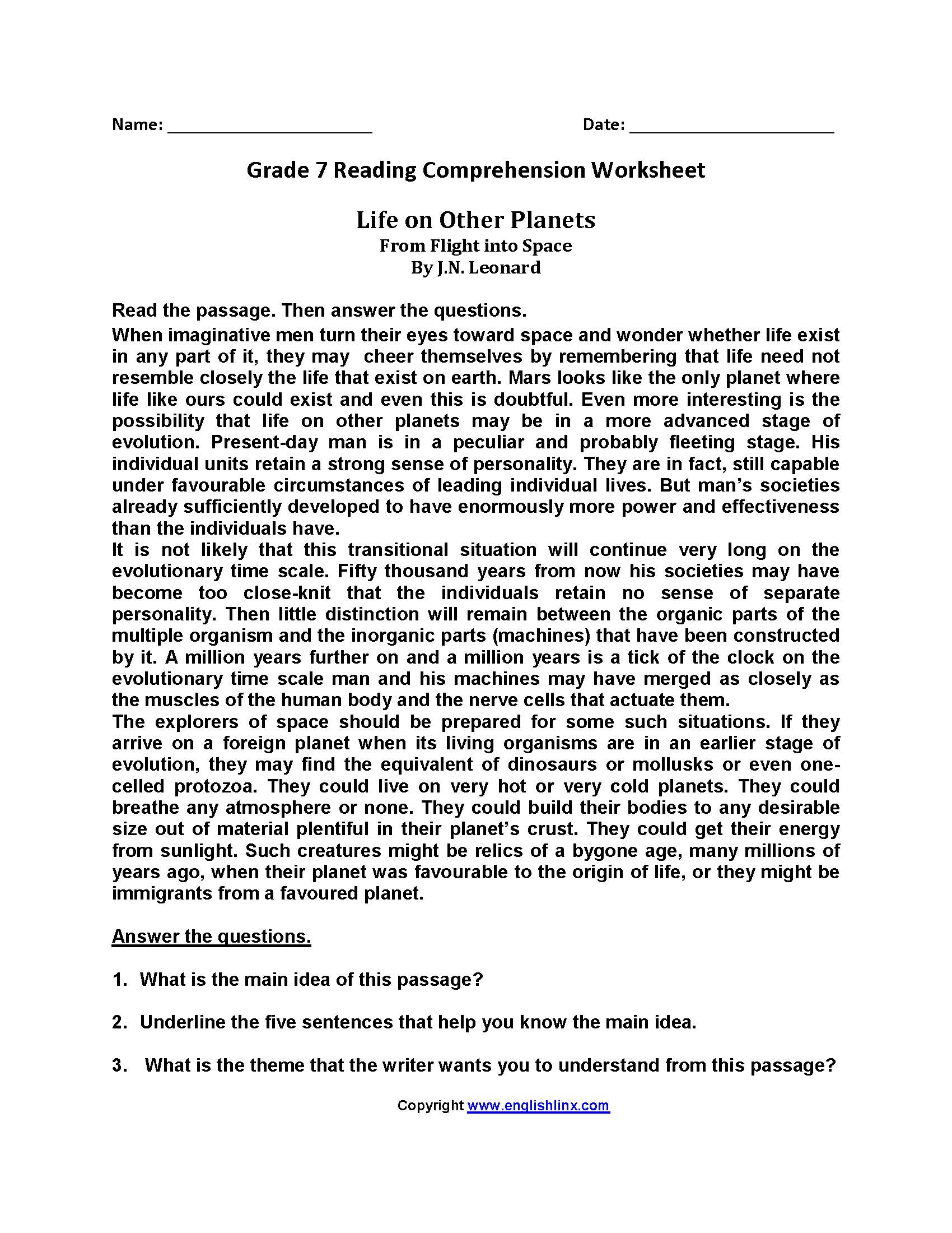 Comprehension Passages For Grade 7 Pdf Favorite Worksheet