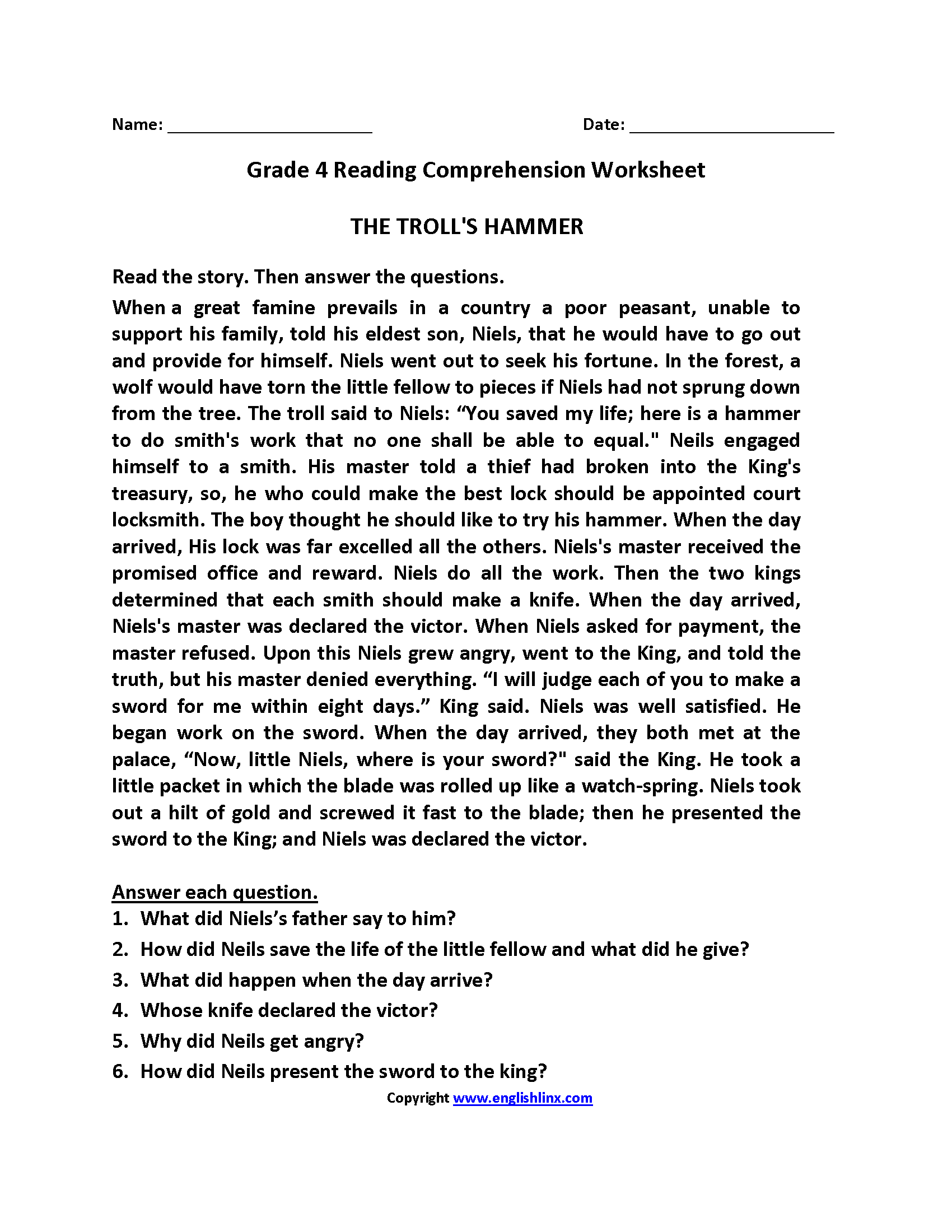 Comprehension Worksheets For Grade 6 With Questions And Answers