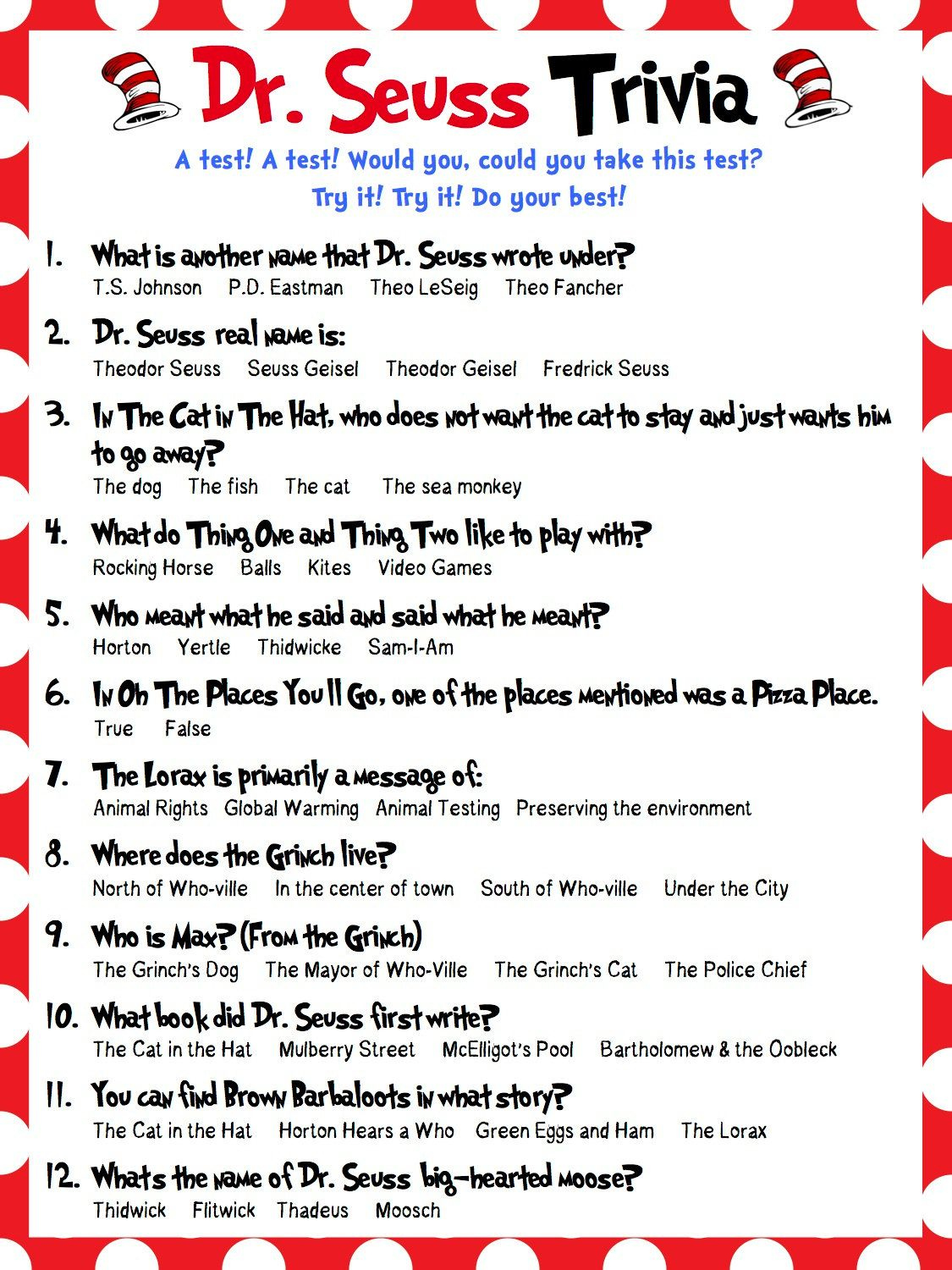 Dr Seuss Trivia Perfect For Baby Showers By AmandasCreativity Dr 