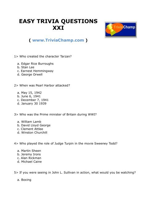 Easy Trivial Pursuit Questions And Answers Printable