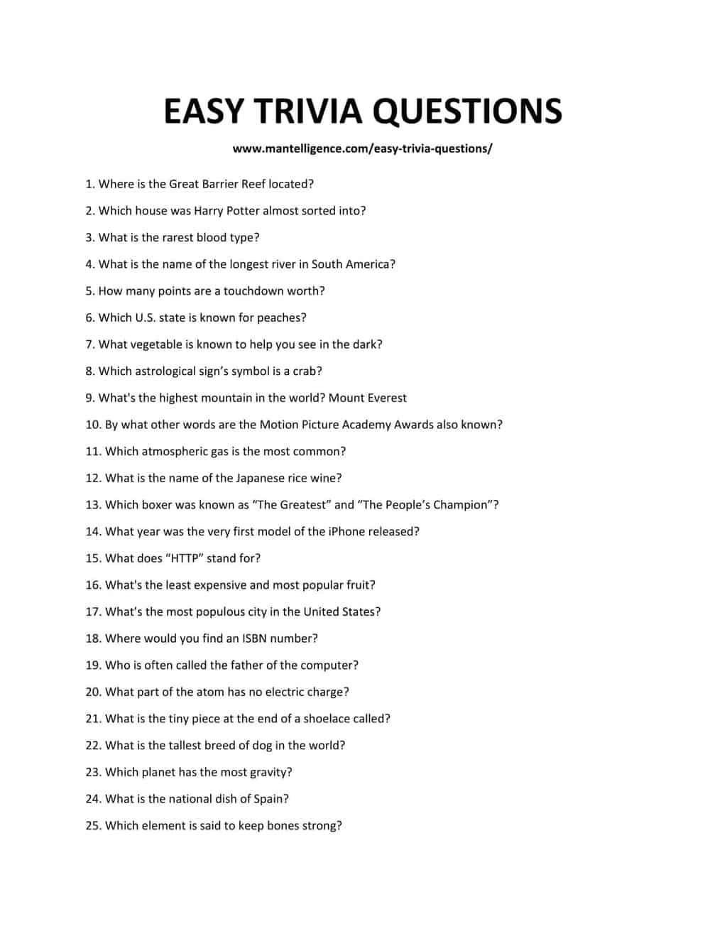 Australian Easy Trivia Questions And Answers