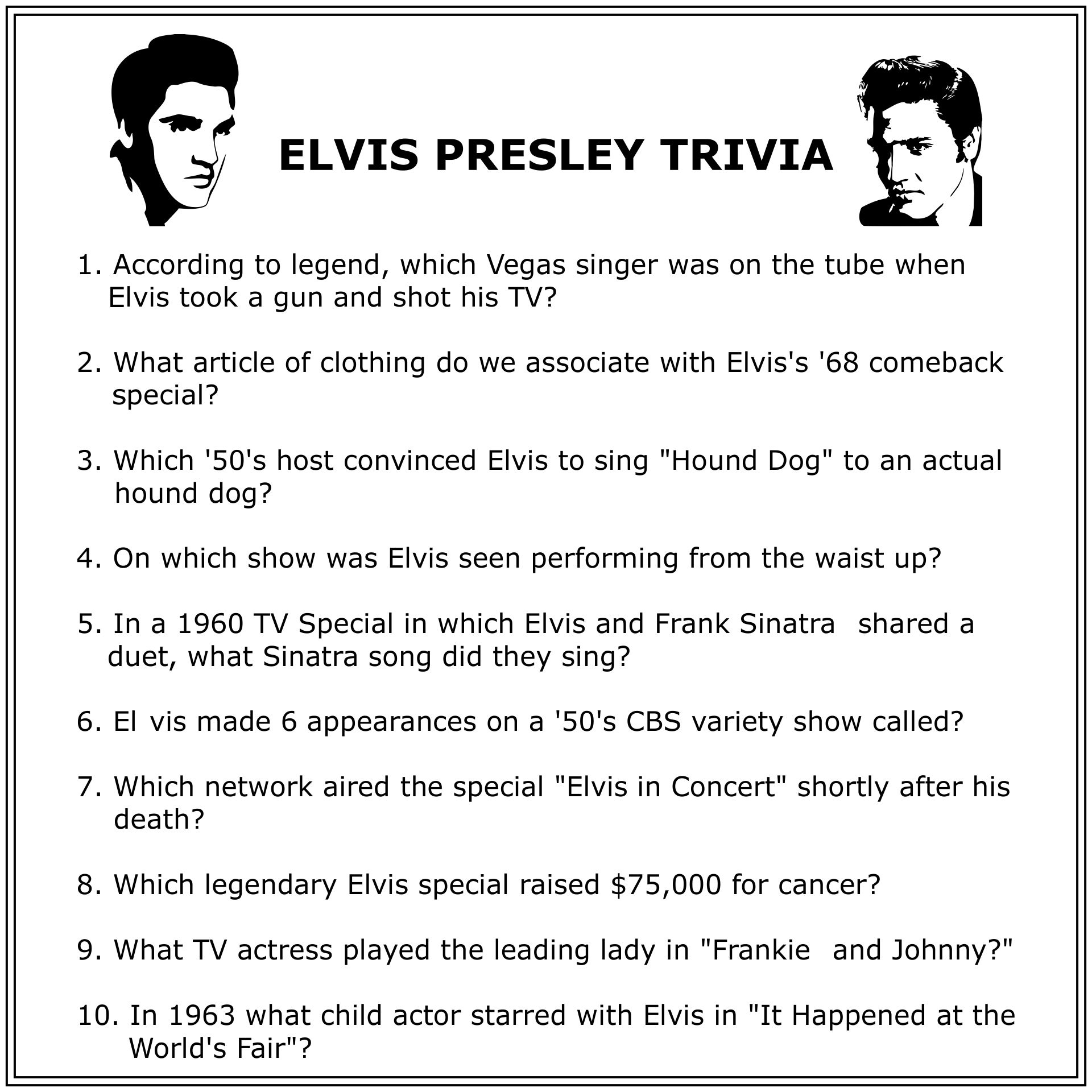 Elvis Trivia Printable Printable Word Searches