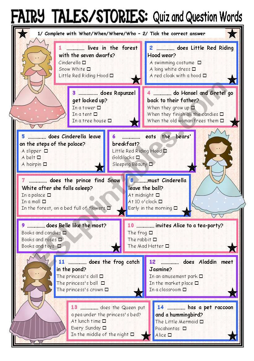 Fairy Tales Stories 20 Quiz And Question Words ESL Worksheet By 