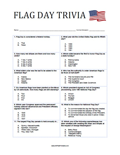 Flag Day Trivia Free Printable